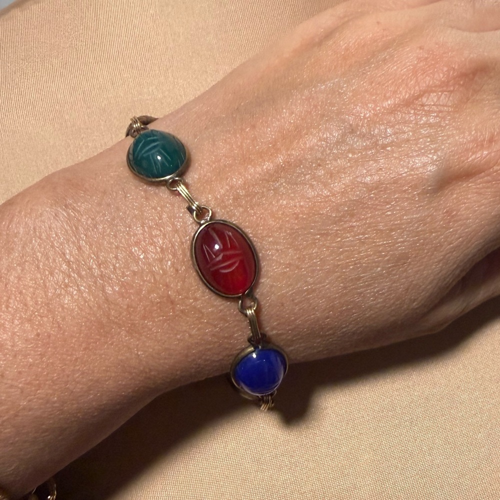 12k GF Multi-Colored Scarab Vintage Egyptian Revival Bracelet *scarabs are nice*